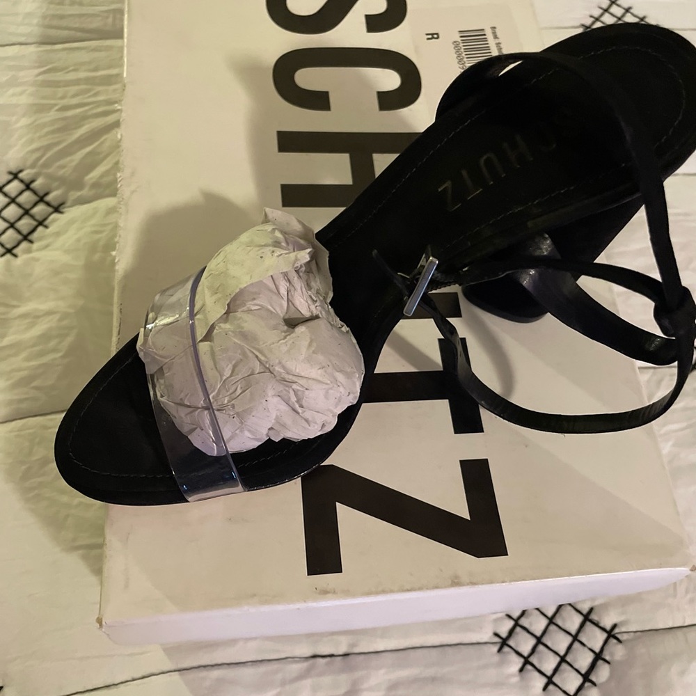 NEW-NEVER worn clear strap Schultz brand round heel sandals.